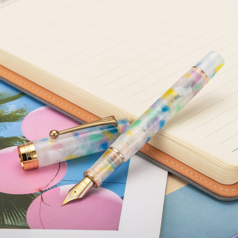 Lanxivi Jinhao 100 Classic Fountain Pen Rainbow Marble Celluloid, Medium Nib with Converter and Pen Case Set - Image 5