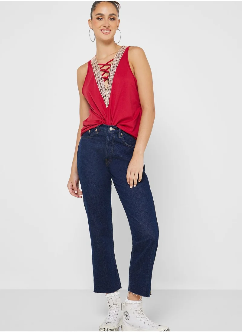 Ginger Embroidered Plunge Neck Top