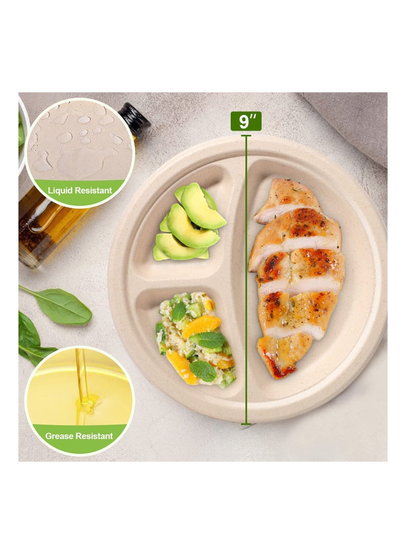 SYOSI 100PCS Compartment Paper Plates,  9 inch Disposable Plates with Dividers Divided Compostable Plates Eco-Friendly Party Plates Biodegradable Picnic Plates Compartment Meal Plates for Everyday - Image 4