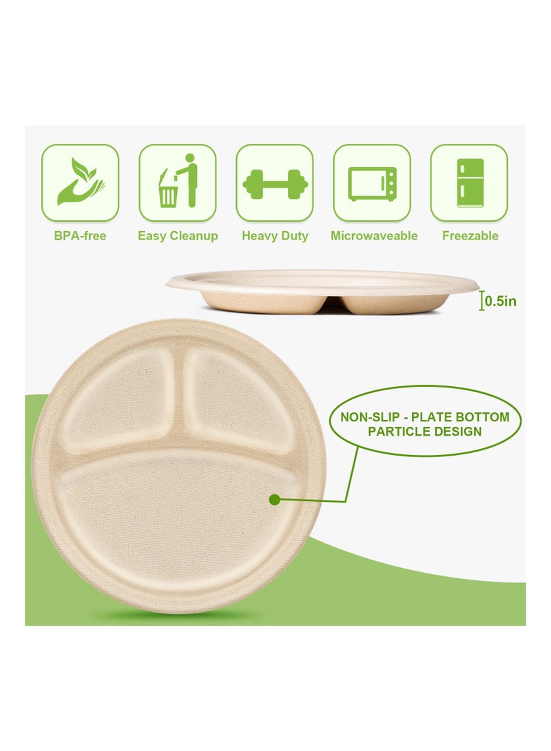 SYOSI 100PCS Compartment Paper Plates,  9 inch Disposable Plates with Dividers Divided Compostable Plates Eco-Friendly Party Plates Biodegradable Picnic Plates Compartment Meal Plates for Everyday - Image 2