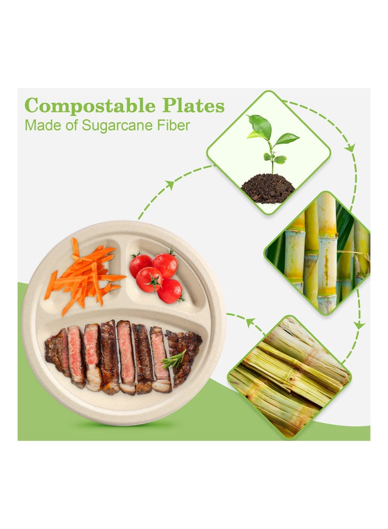 SYOSI 100PCS Compartment Paper Plates,  9 inch Disposable Plates with Dividers Divided Compostable Plates Eco-Friendly Party Plates Biodegradable Picnic Plates Compartment Meal Plates for Everyday - Image 3