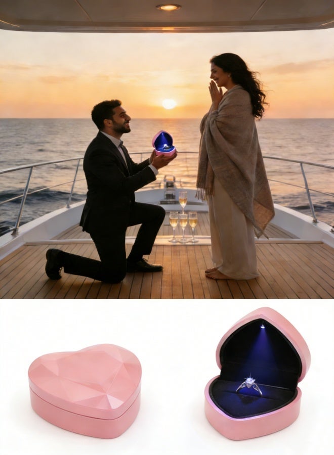 صناديق هدايا خاتم على شكل قلب مع مصابيح LED ، صناديق الأقراط المخملية مع مصابيح ، صناديق عرض المجوهرات (الوردي) لحفلات الزفاف ، الخطوبة ، اقتراحات الزواج ، أعياد الميلاد والذكرى السنوية - Image 1