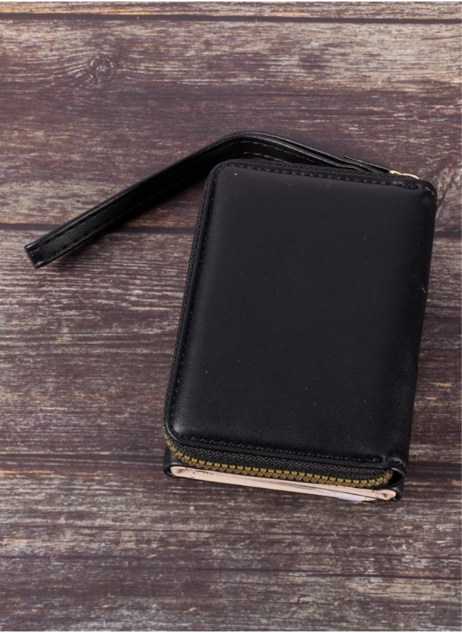 Leather Flip Wallet & Card Holder with 7 Pockets and Zipped Pocket Black