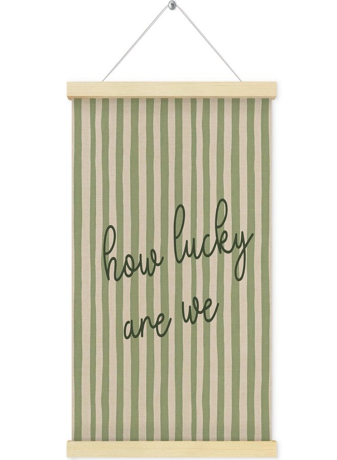 QEJ Trendy Retro Inspirational Wall Art Decor, How Lucky Are We Canvas Poster Hanger Frame, Minimalist Sage Green Striped Wall Decorations for Home Bedroom Dorm Apartment Decor, 12x16 Inch - Image 1