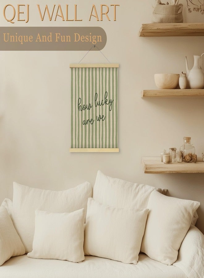 QEJ Trendy Retro Inspirational Wall Art Decor, How Lucky Are We Canvas Poster Hanger Frame, Minimalist Sage Green Striped Wall Decorations for Home Bedroom Dorm Apartment Decor, 12x16 Inch - Image 3