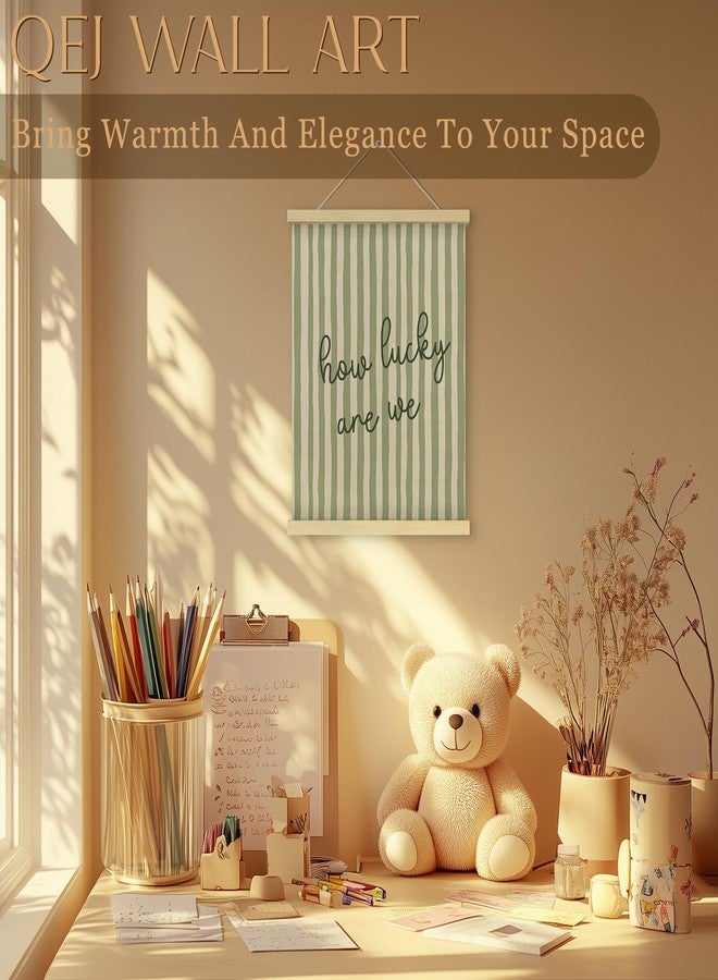 QEJ Trendy Retro Inspirational Wall Art Decor, How Lucky Are We Canvas Poster Hanger Frame, Minimalist Sage Green Striped Wall Decorations for Home Bedroom Dorm Apartment Decor, 12x16 Inch - Image 2