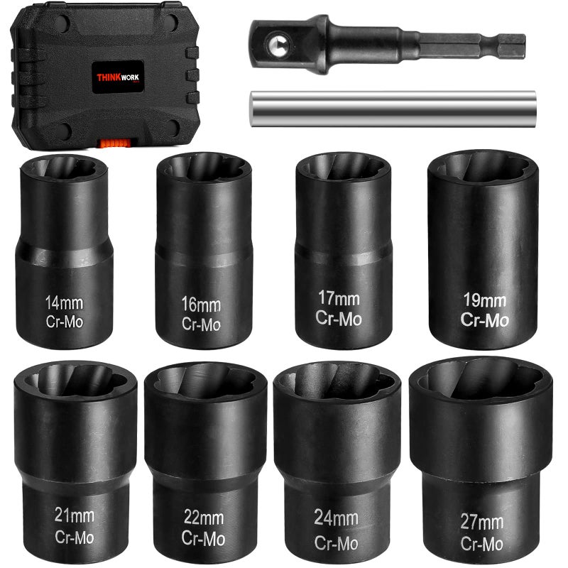 THINKWORK 1/2 Inch Drive Lug Nut Removal Tool, 10 Pieces Wheel Lock Removal Kit, Lug Nut Remover for Stripped, Rounded, Damaged, Frozen, Rusted Bolts - Image 1
