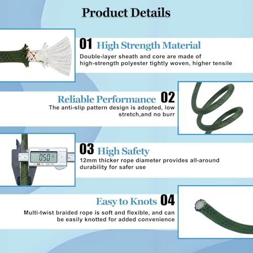 CRAYZA Double Braided Arborist Rope (1/2 in x 100 ft) Polyester Rope Bull Rope 48 Strands for Tree Work Climbing Pulling Swing Sailing, ArmyGreen/Black - Image 2