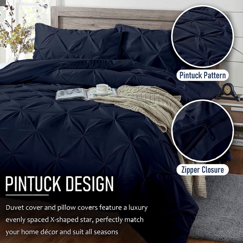 Crown Collection Luxuriate Hotel 1000-TC Hypoallergenic Ultra Soft 100% Egyptian Cotton California King 98""x104"" Navy Blue Solid Pinch Plated Duvet Cover with Zipper Colser & 2pcs Pillow Case Set - Image 5