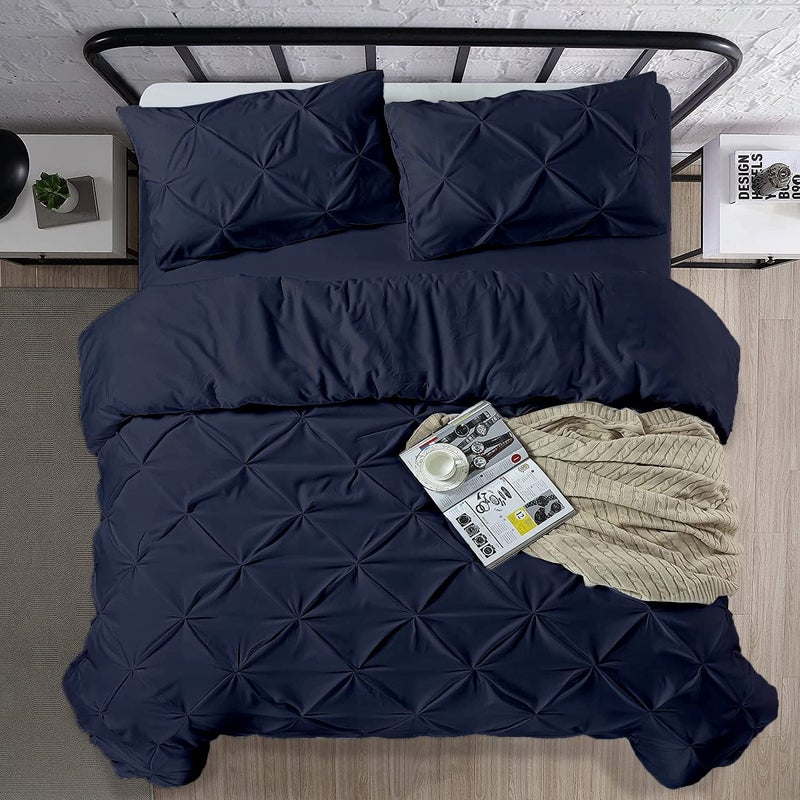 Crown Collection Luxuriate Hotel 1000-TC Hypoallergenic Ultra Soft 100% Egyptian Cotton California King 98""x104"" Navy Blue Solid Pinch Plated Duvet Cover with Zipper Colser & 2pcs Pillow Case Set - Image 4
