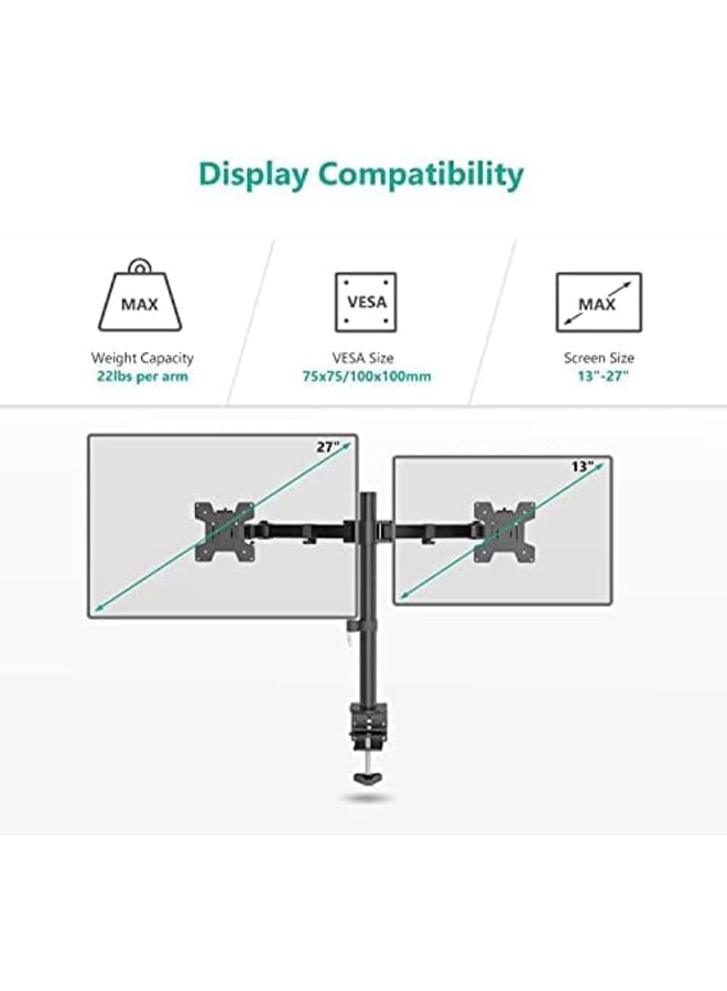 ELIKLIV 13 27 Inch Dual Monitor Stand Mount Heavy Duty Fully Adjustable Desk Clamp Arms For Computer Screens Loads Up To 17.6Lbs Per Arm W Swivel And Tilt 75 100Mm Vesa Black A - Image 2