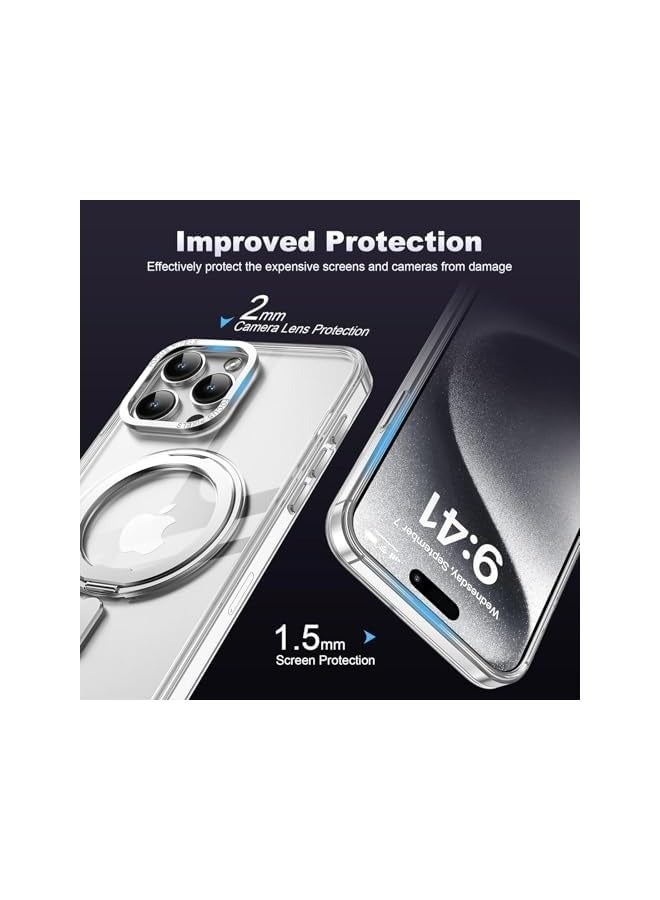 erorex iPhone 15 Pro Max Case, 360° Rotatable Magnetic Ring Stand, Compatible with Magsafe, Transparent Anti-Yellowing Mobile Cover, Shockproof Protection Back Cover - Image 2