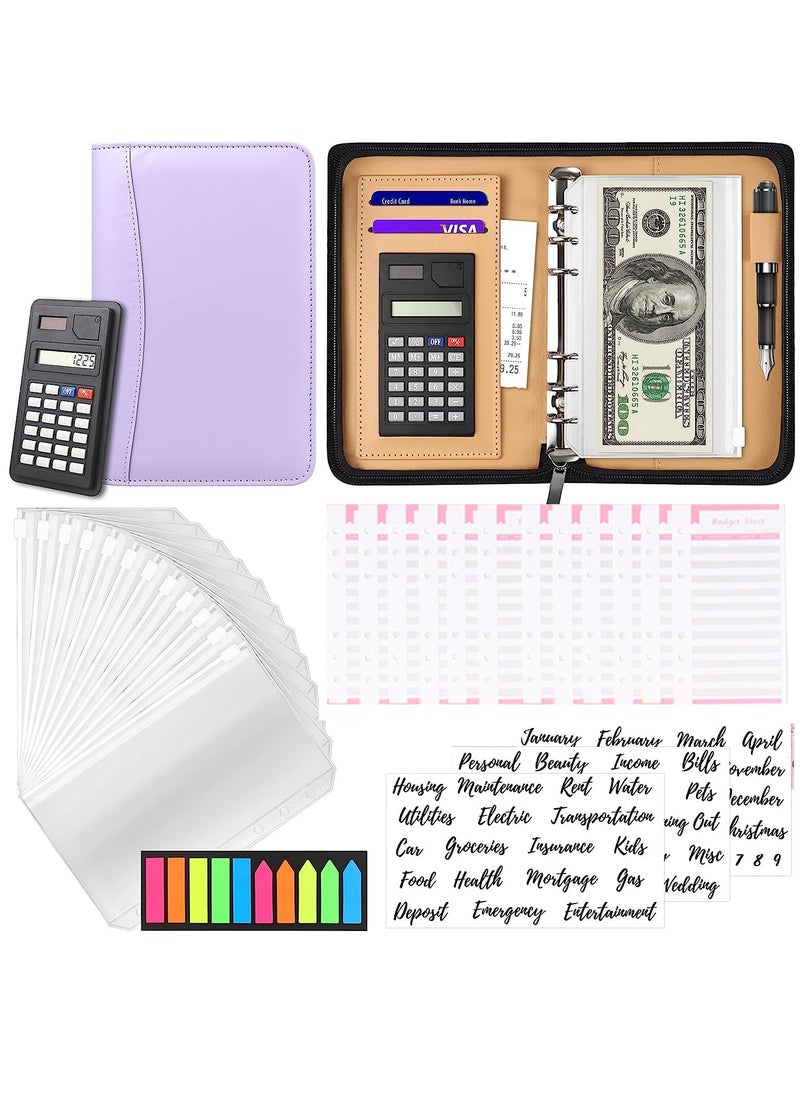 SYOSI Budget Binder with Zipper Envelopes, Cash Envelopes for Budgeting, A6 PU Leather Budget Planner with Cash Envelopes Calculator, Bill Money Organizer for Cash Saving Budget System Wallet Purple  - Image 1