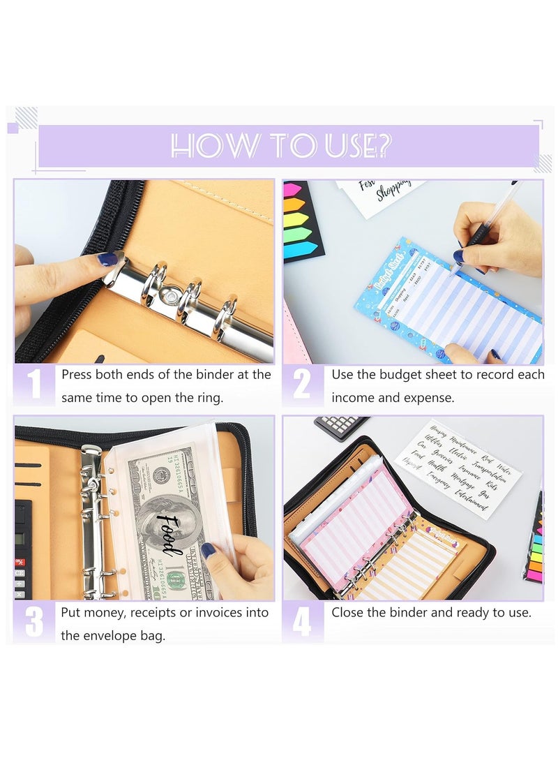 SYOSI Budget Binder with Zipper Envelopes, Cash Envelopes for Budgeting, A6 PU Leather Budget Planner with Cash Envelopes Calculator, Bill Money Organizer for Cash Saving Budget System Wallet Purple  - Image 5