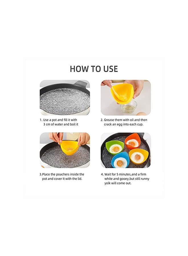 PROMASS أداة سلق البيض، عبوة من 4 قطع من السيليكون الملون لطهي البيض المسلوق مع فرشاة زيت إضافية، أداة سلق البيض للميكروويف والغلاية والبخار والمقلاة - Image 3