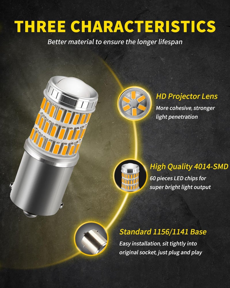 AUXLIGHT 1156 BA15S 1003 1141 7506 1156A LED Bulbs Amber Yellow, Ultra Bright 60-SMD LED Replacement for Blinker Lights, Turn Signal/Parking or Running Lights, Brake/Tail Lights (Pack of 2) - Image 2