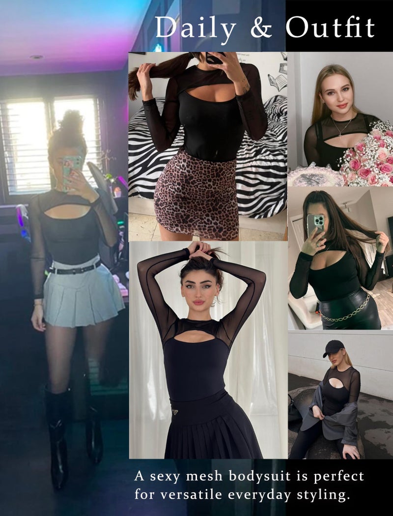 Avidlove Womens Bodysuit Long Sleeve Double Lined Bodysuits Sheer Round Neck Shirt Going Out Tops for Women Black L - Image 3