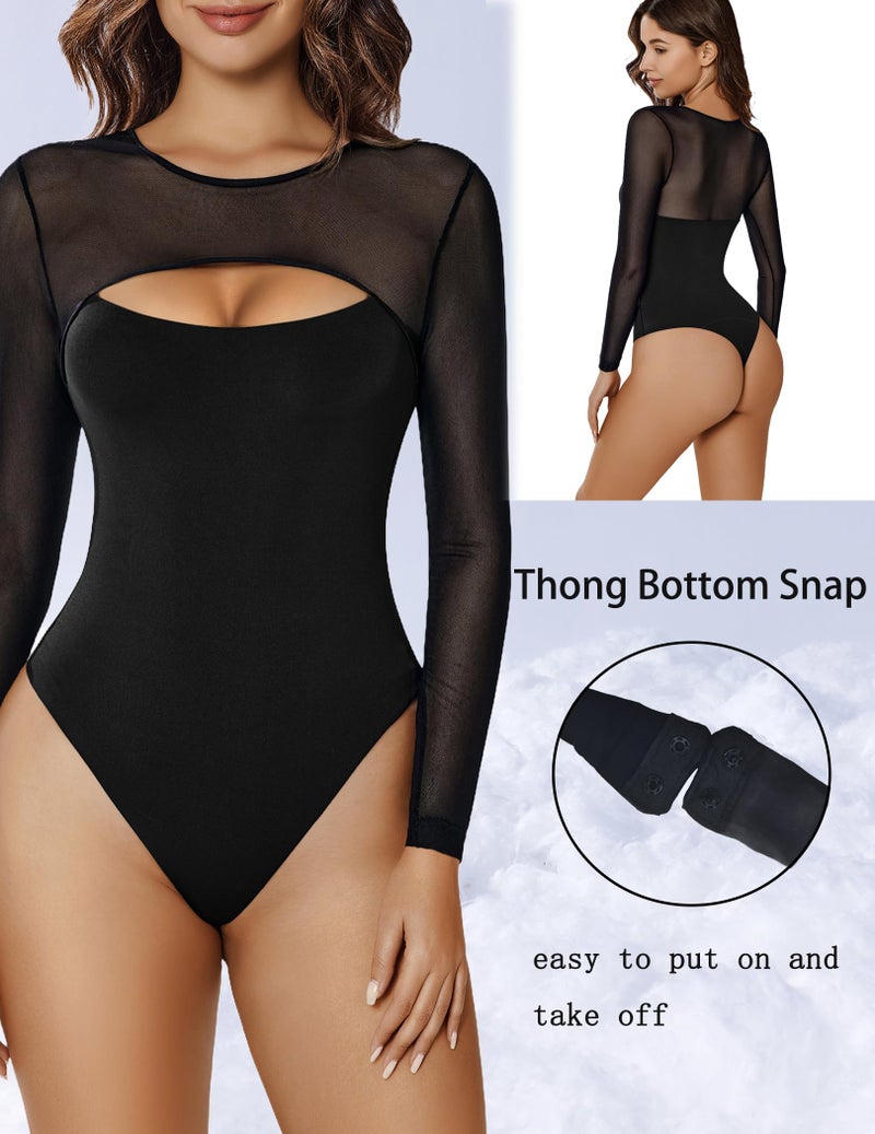Avidlove Womens Bodysuit Long Sleeve Double Lined Bodysuits Sheer Round Neck Shirt Going Out Tops for Women Black L - Image 5