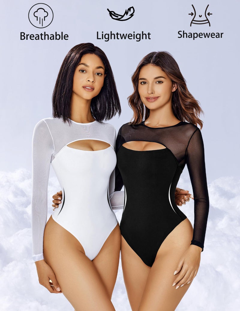 Avidlove Womens Bodysuit Long Sleeve Double Lined Bodysuits Sheer Round Neck Shirt Going Out Tops for Women Black L - Image 4