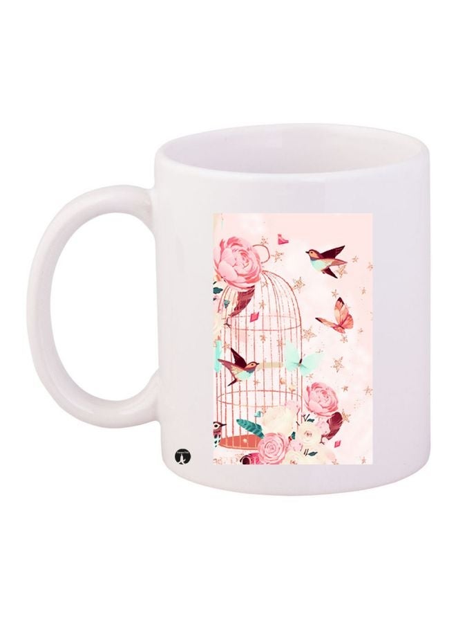 Bird Printed Coffee Mug White/Pink/Brown 11ounce