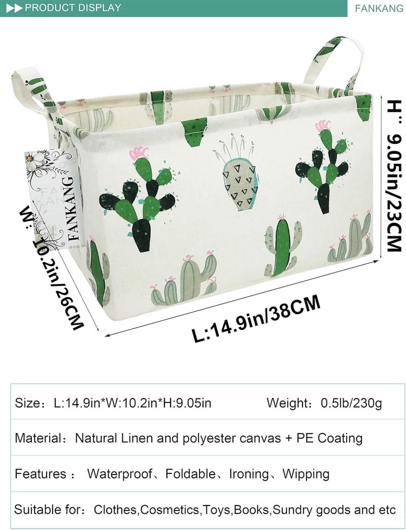 FANKANG Storage Basket,Nursery Hamper Canvas Laundry Basket Foldable with Waterproof PE Coating Storage, Office, Bedroom, Clothes,Toys (L, Rec-Cactus) - Image 2