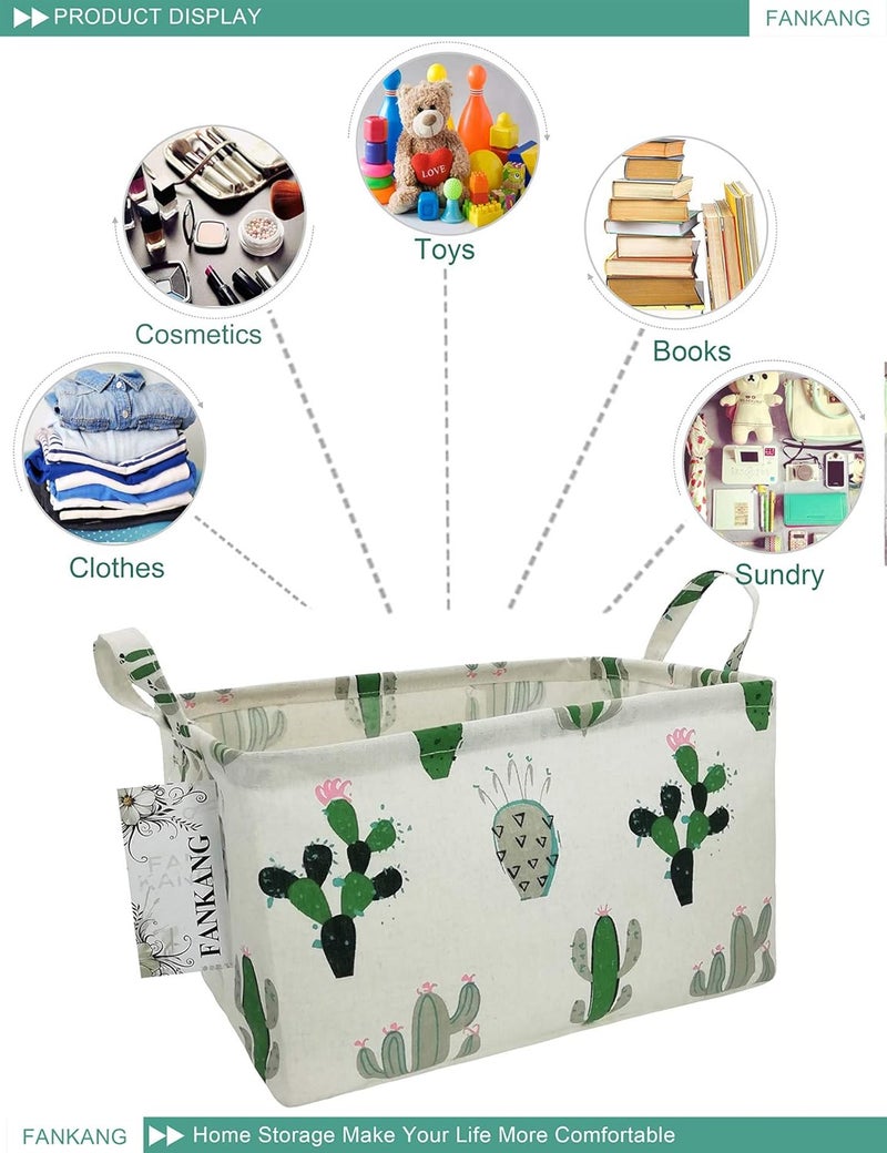 FANKANG Storage Basket,Nursery Hamper Canvas Laundry Basket Foldable with Waterproof PE Coating Storage, Office, Bedroom, Clothes,Toys (L, Rec-Cactus) - Image 3