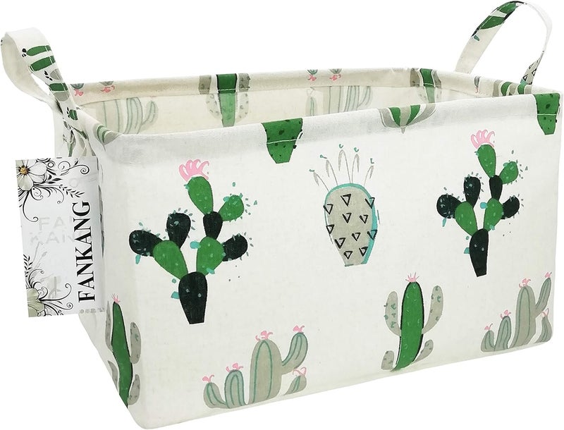 FANKANG Storage Basket,Nursery Hamper Canvas Laundry Basket Foldable with Waterproof PE Coating Storage, Office, Bedroom, Clothes,Toys (L, Rec-Cactus) - Image 1