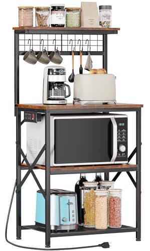 Furologee Furologee Kitchen Bakers Rack with Power Outlet Microwave Oven Stand with Storage 4 Tiers Coffee Bar Table with 6 S Hooks Kitchen Storage Shelf Rack for Spices Pots Rustic Brown