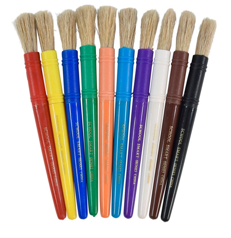 School Smart Stubby White Paint Brushes with Plastic Handles for School and Arts and Crafts Use, Assorted Colors and Sizes, Set of 10 - Image 1
