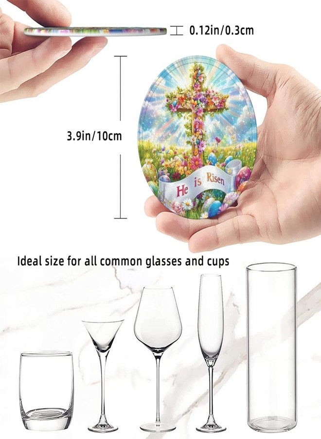 KKRMTUG Coasters for Drinks with Holder Easter Rabbits Leather Coasters 6 Pcs Easter Cross with Flowers and Eggs Drink Coasters Sets for Living Room Kitchen Coffee Bar Easter Decor - Image 4