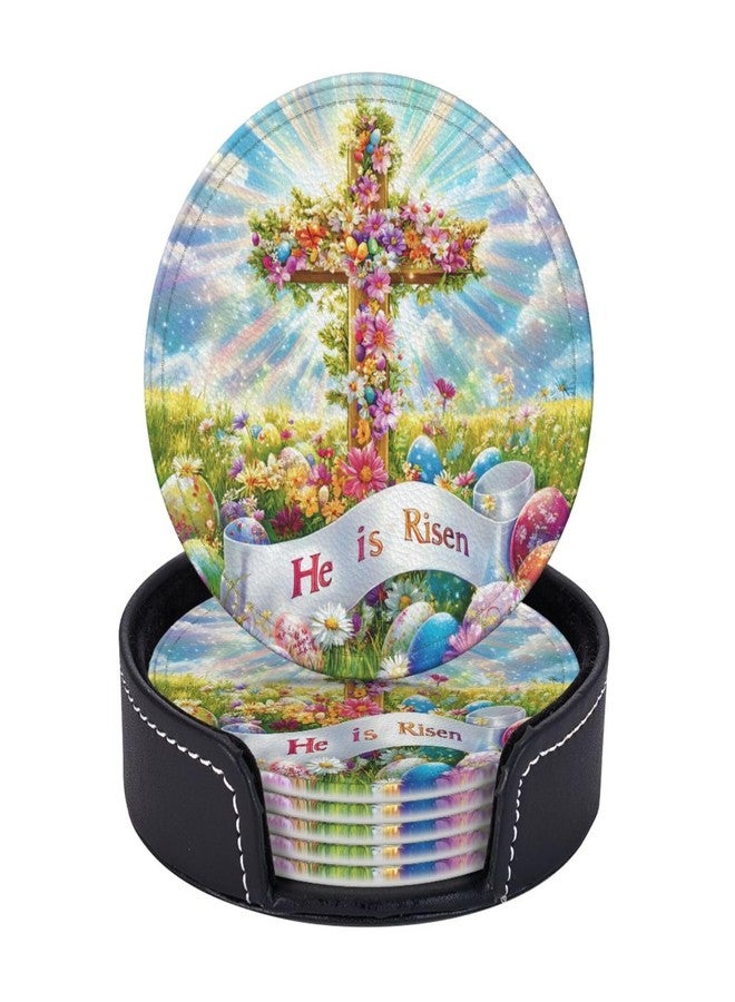 KKRMTUG Coasters for Drinks with Holder Easter Rabbits Leather Coasters 6 Pcs Easter Cross with Flowers and Eggs Drink Coasters Sets for Living Room Kitchen Coffee Bar Easter Decor - Image 1