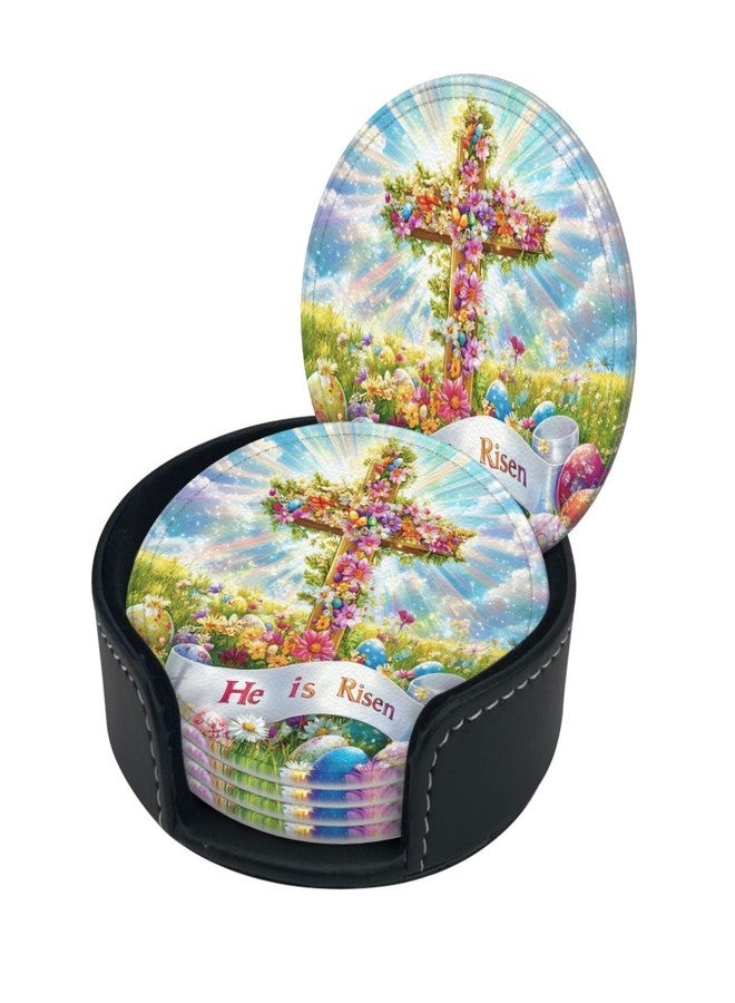 KKRMTUG Coasters for Drinks with Holder Easter Rabbits Leather Coasters 6 Pcs Easter Cross with Flowers and Eggs Drink Coasters Sets for Living Room Kitchen Coffee Bar Easter Decor - Image 3