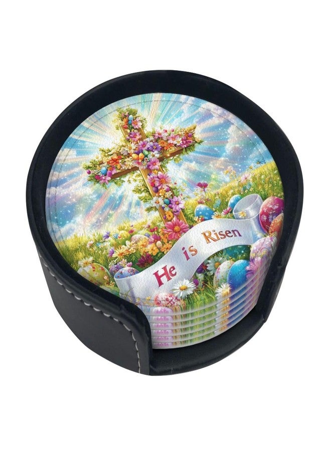 KKRMTUG Coasters for Drinks with Holder Easter Rabbits Leather Coasters 6 Pcs Easter Cross with Flowers and Eggs Drink Coasters Sets for Living Room Kitchen Coffee Bar Easter Decor - Image 2