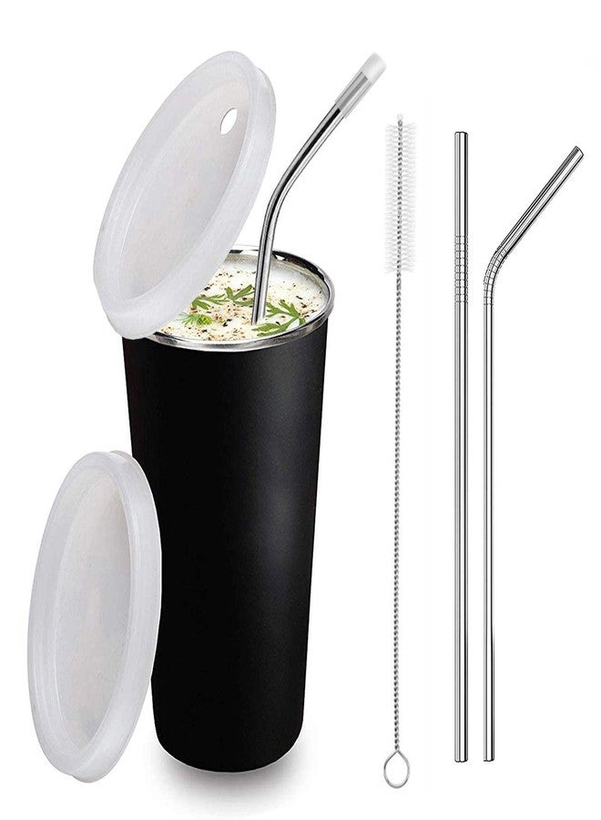 KIDINGTON Stainless Steel Sipper for Kids with Straw Glass for Kids Milk Tumbler with Straw and Lid Sippy Cup with Gum Protection for Kids 2 Straw and 1 Cleaning Brush (300 ml, 1-4 Years) (Black) - Image 1