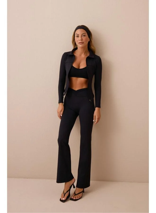 Los Ojos x Ece Black Waist-Detailed Spanish Leg Pants Ruched & Flared.