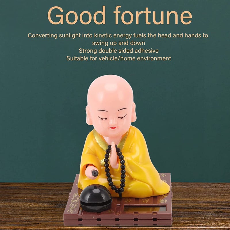 AUGEN Small Buddhist Monk Solar Ornaments, Automatic Nodding Lucky Meaning Light Energy Sensing Eco Friendly Solar Buddhist Monk Statue Decoration for Home Car Dashboard (Pack of 1)(D, Yellow) - Image 3