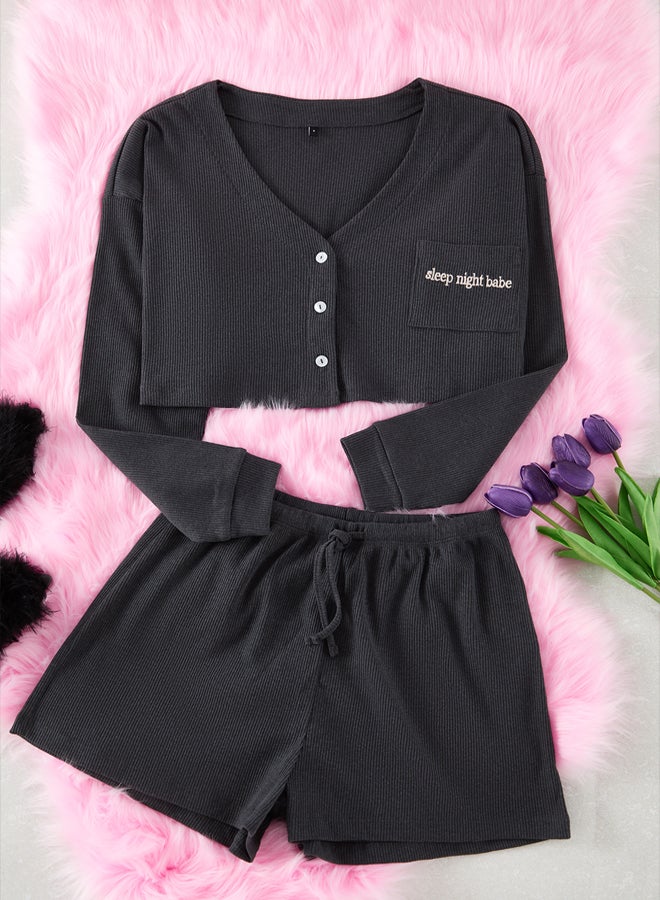 trendyol Anthracite Slogan Embroidered Ribbed Knitted Pajama Set THMAW22PT0229