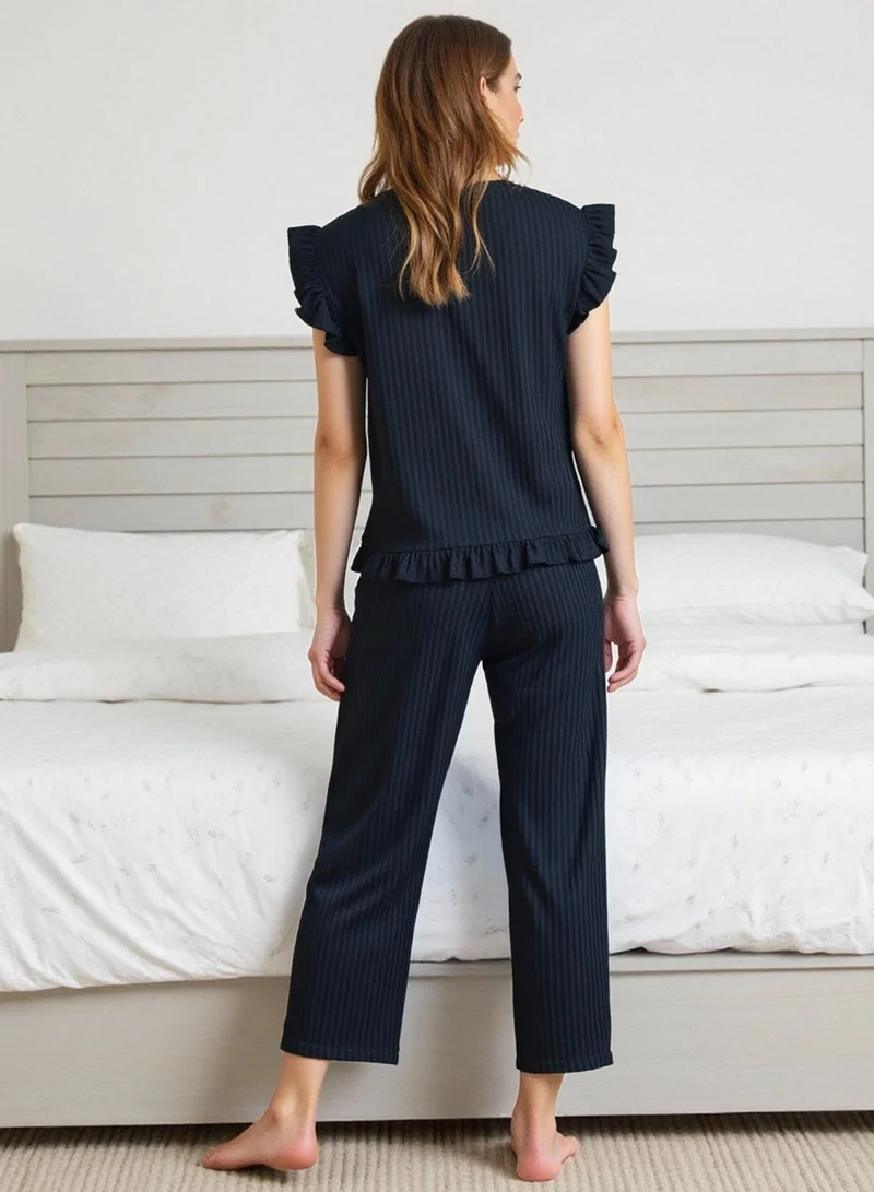 Take Two Black Ribbed Ruffle Trim Top and Pyjama Set