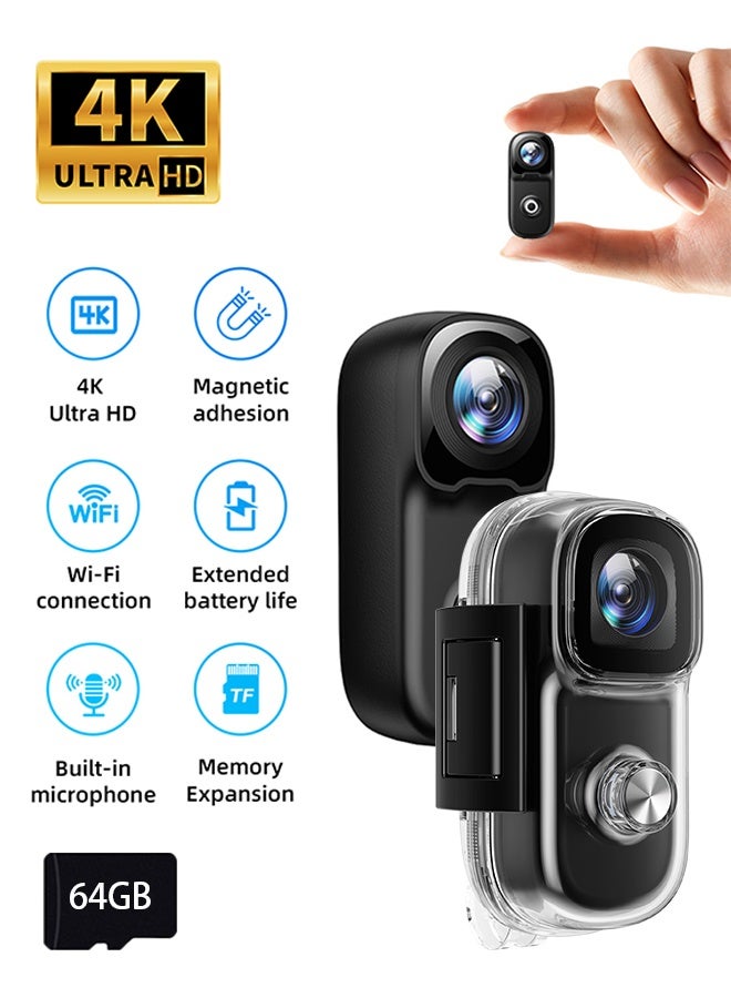 كاميرا حركة 4K صغيرة الحجم، يمكن تثبيتها في أي مكان، كاميرا صغيرة مقاومة للماء لتسجيل فيديوهات الحركة أثناء ركوب الدراجات، كاميرا محمولة لتسجيل الفيديوهات، تسجيل فيديو من منظور الشخص الأول بدون استخدام اليدين، كاميرا خوذة لركوب الدراجات والدراجات النارية، تثبيت صورة جيروسكوبي سداسي المحاور + تثبيت صورة إلكتروني - Image 1