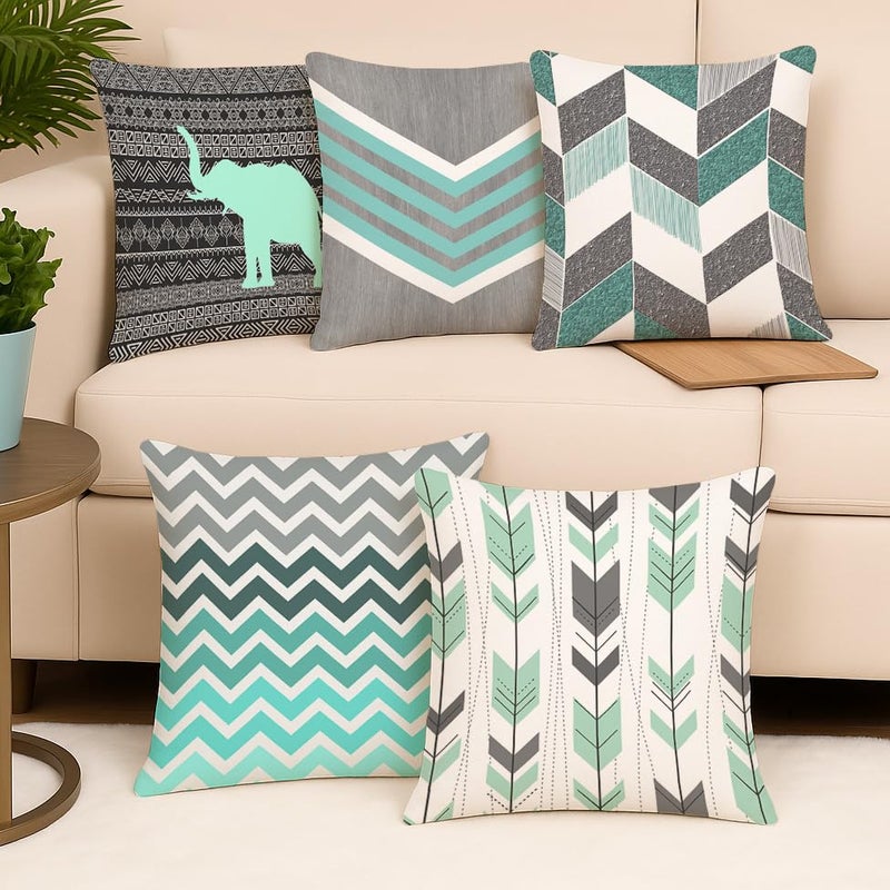 BRICK HOME Set of 5 Jute Printed Cushion Covers 12x12 Inch | Geometric Chevron & Elephant Tribal Design | Mint Green, Grey, Black & White | Soft Decorative Pillow Covers for Sofa, Couch & Living Room - Image 2