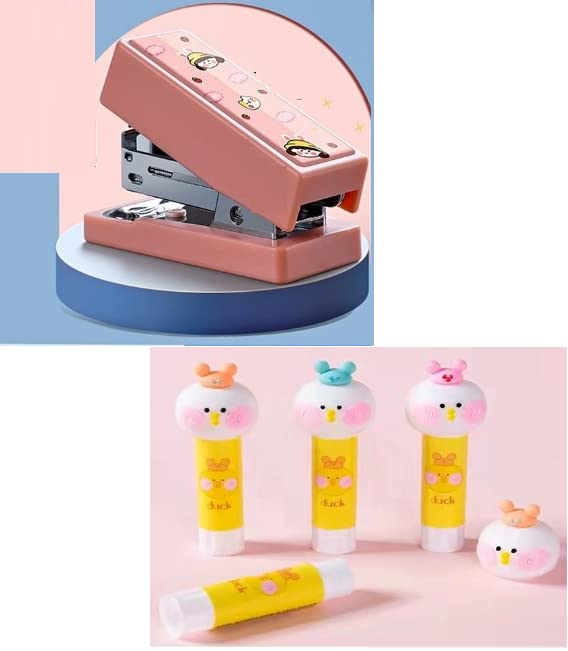 TEMSON Stapler Machine And Glue Stick Combo - Mini Size Stapler with 400 Staples Blister - 1 Pc + Cartoon Design Glue Stick - 1 Pc For Kids Stationary Items for Students(Pack Of 2;Assorted Colour) (B) - Image 1