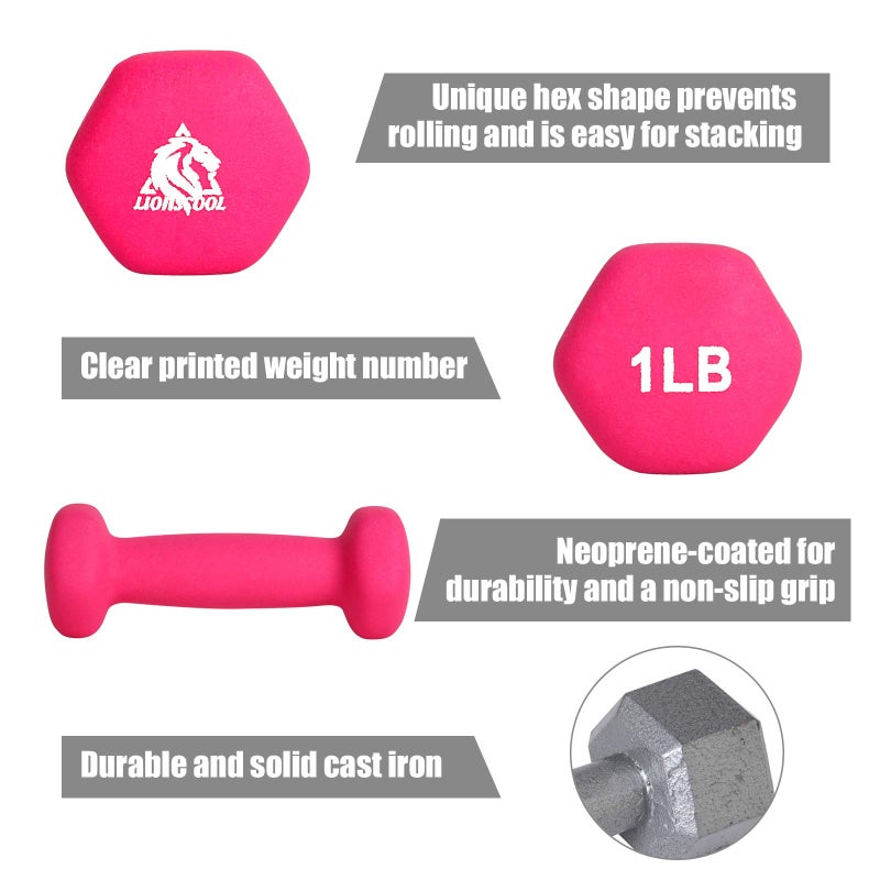 Lionscool Neoprene Coated Dumbbell Weights (Rose Pink 1Lb Pair) - Image 3