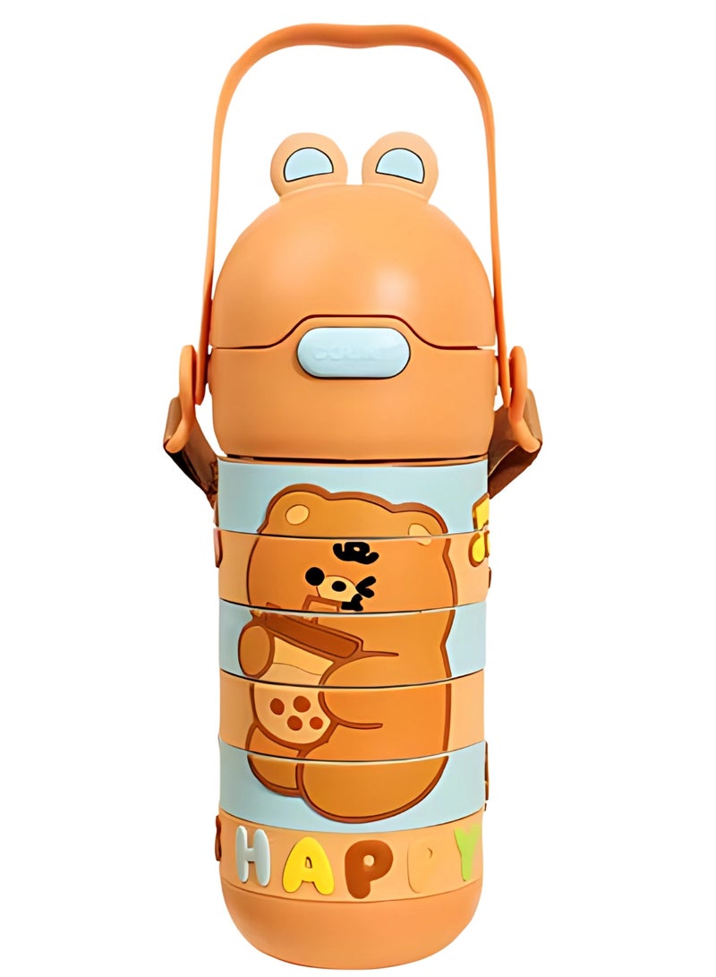Twisoo Stainless Steel Kids Puzzle Swirl Water Bottle with Straw & Strap Double Wall Vacuum Insulated Educational, Fun and Learning Water Bottle for Kids, Girls and Boys Leak Proof 430ml (Brown) - Image 1