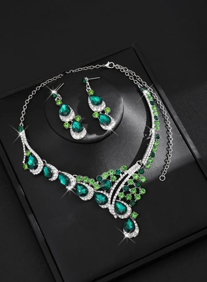 تايك تو طقم مجوهرات قلادة وأقراط مزينة بأحجار الراين قطعتين