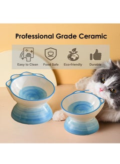 KASTWAVE Ceramic Raised Cat Bowls,Tilted Elevated Cat Food and Water Bowls, Elevated Porcelain Pet Feeder Bowl for Cats and Dogs, Protect Cat's Spine, Stress Free, Dishwasher Safe & Microwaveable (Blue)  - Image 3