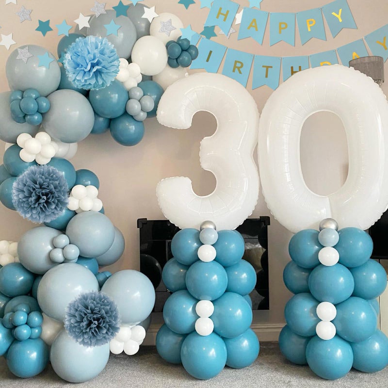 Aurasys Blue Birthday Decorations - Blue Party Decor Balloons with Happy Birthday Banner Fringe Curtain Background Blue Pom Poms, Light Blue Birthday Decorations for Men Women - Image 5