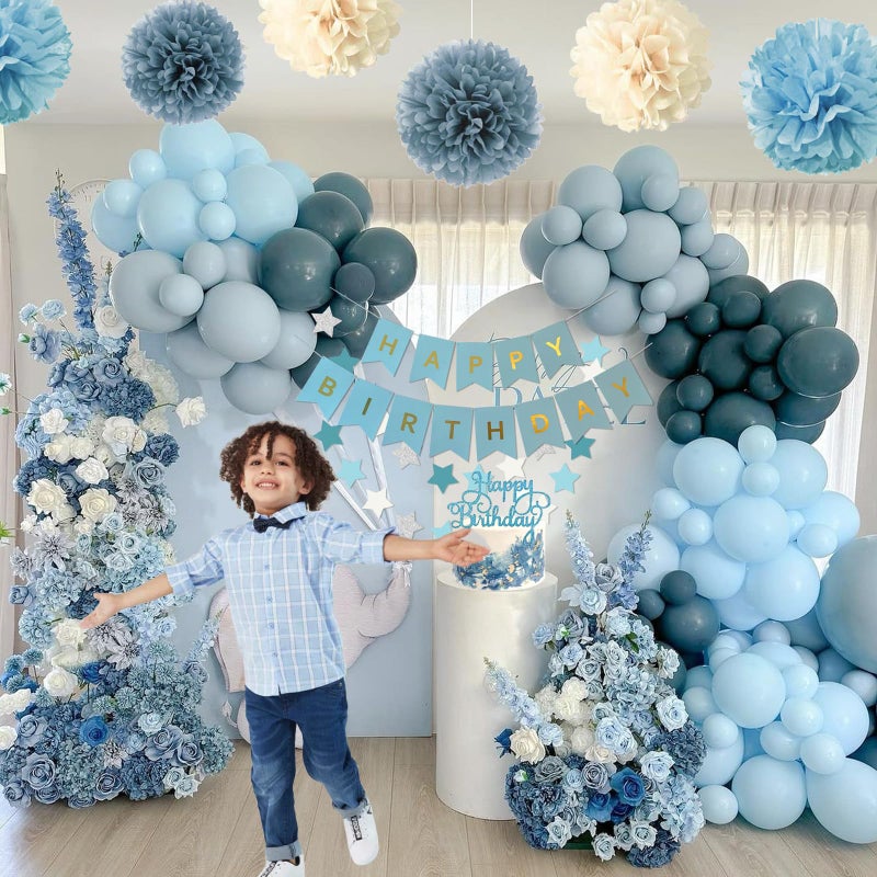 Aurasys Blue Birthday Decorations - Blue Party Decor Balloons with Happy Birthday Banner Fringe Curtain Background Blue Pom Poms, Light Blue Birthday Decorations for Men Women - Image 3