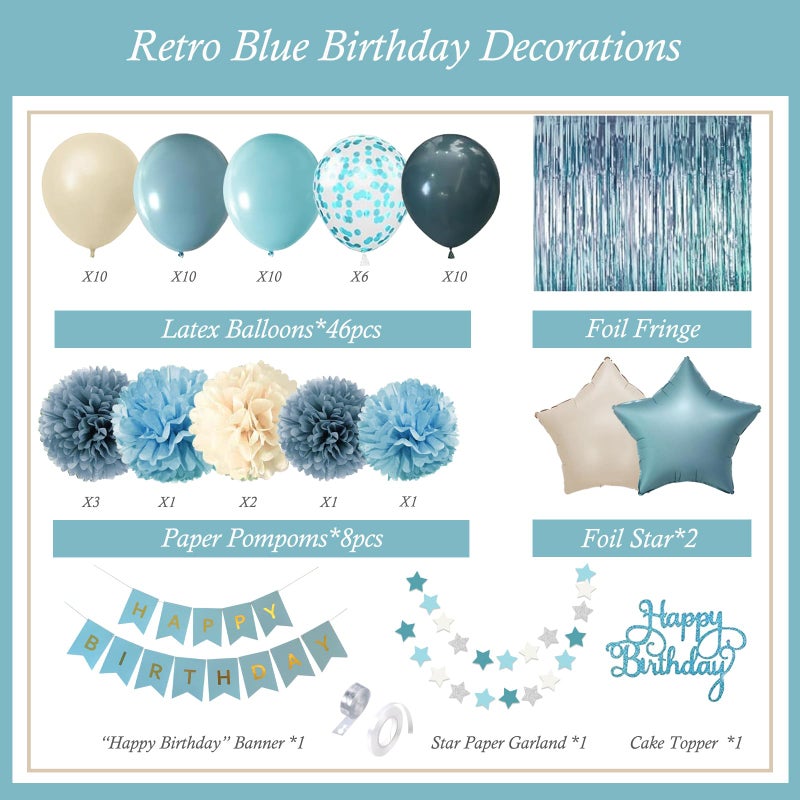 Aurasys Blue Birthday Decorations - Blue Party Decor Balloons with Happy Birthday Banner Fringe Curtain Background Blue Pom Poms, Light Blue Birthday Decorations for Men Women - Image 2