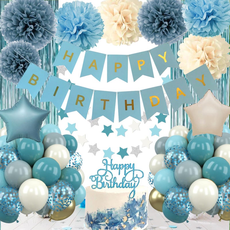 Aurasys Blue Birthday Decorations - Blue Party Decor Balloons with Happy Birthday Banner Fringe Curtain Background Blue Pom Poms, Light Blue Birthday Decorations for Men Women - Image 1
