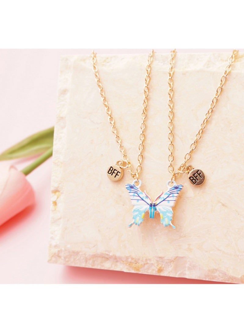 أروى 2 قطعة بفف القلائد الصداقة المغناطيسي القلائد أفضل الأصدقاء الأزرق عقد بحلية متدلية على شكل فراشة لطيف تصميم سلسلة القلائد ، للفتيات النساء الصداقة مجوهرات هدايا للأطفال - Image 1